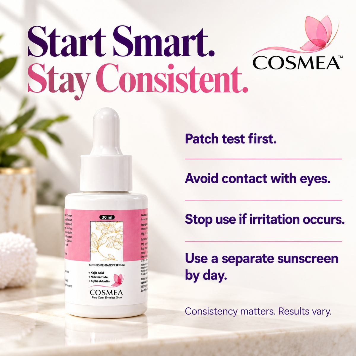 COSMEA serum care guide with patch test, eye contact and daytime sunscreen reminders