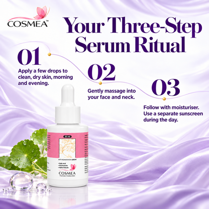 COSMEA serum three-step routine graphic showing application, massage and moisturizer with sunscreen