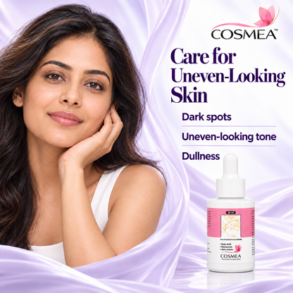 Model beside COSMEA kojic acid serum with dark spot, uneven tone and dullness callouts