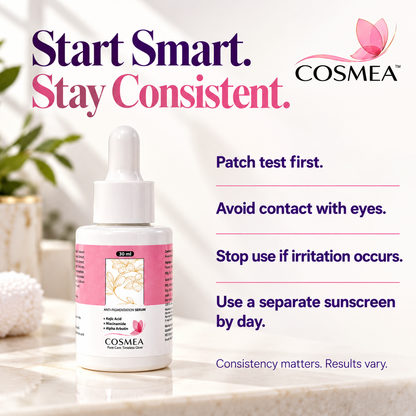COSMEA serum care guide with patch test, eye contact and daytime sunscreen reminders