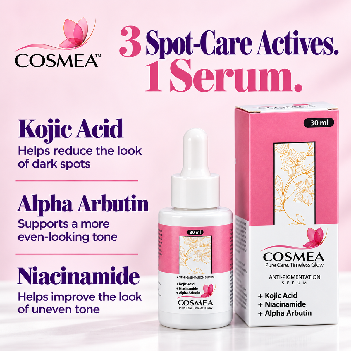 COSMEA kojic acid serum graphic featuring kojic acid, alpha arbutin and niacinamide