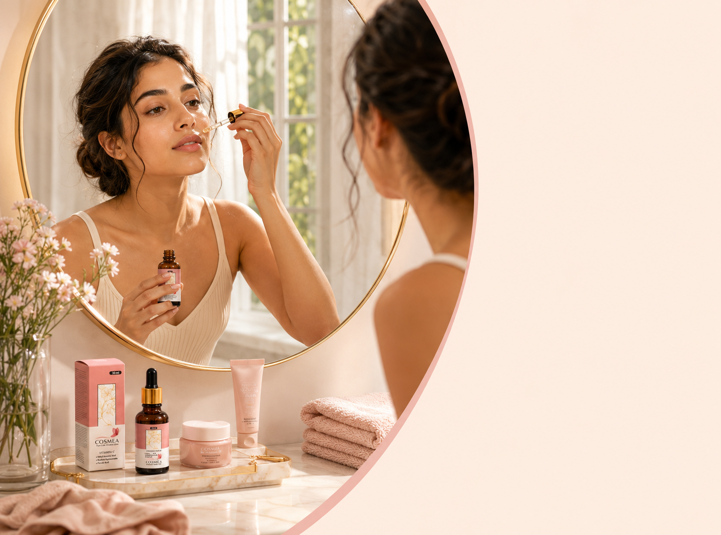 Cosmea skincare brand visual with product and soft rose styling