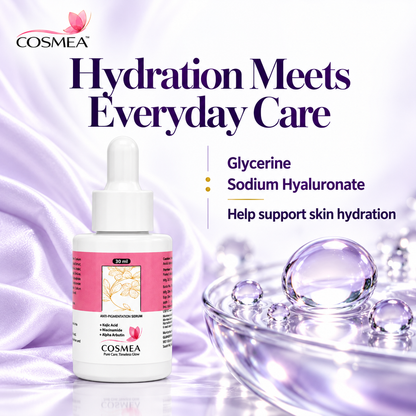 COSMEA kojic acid serum with glycerine and sodium hyaluronate hydration callouts