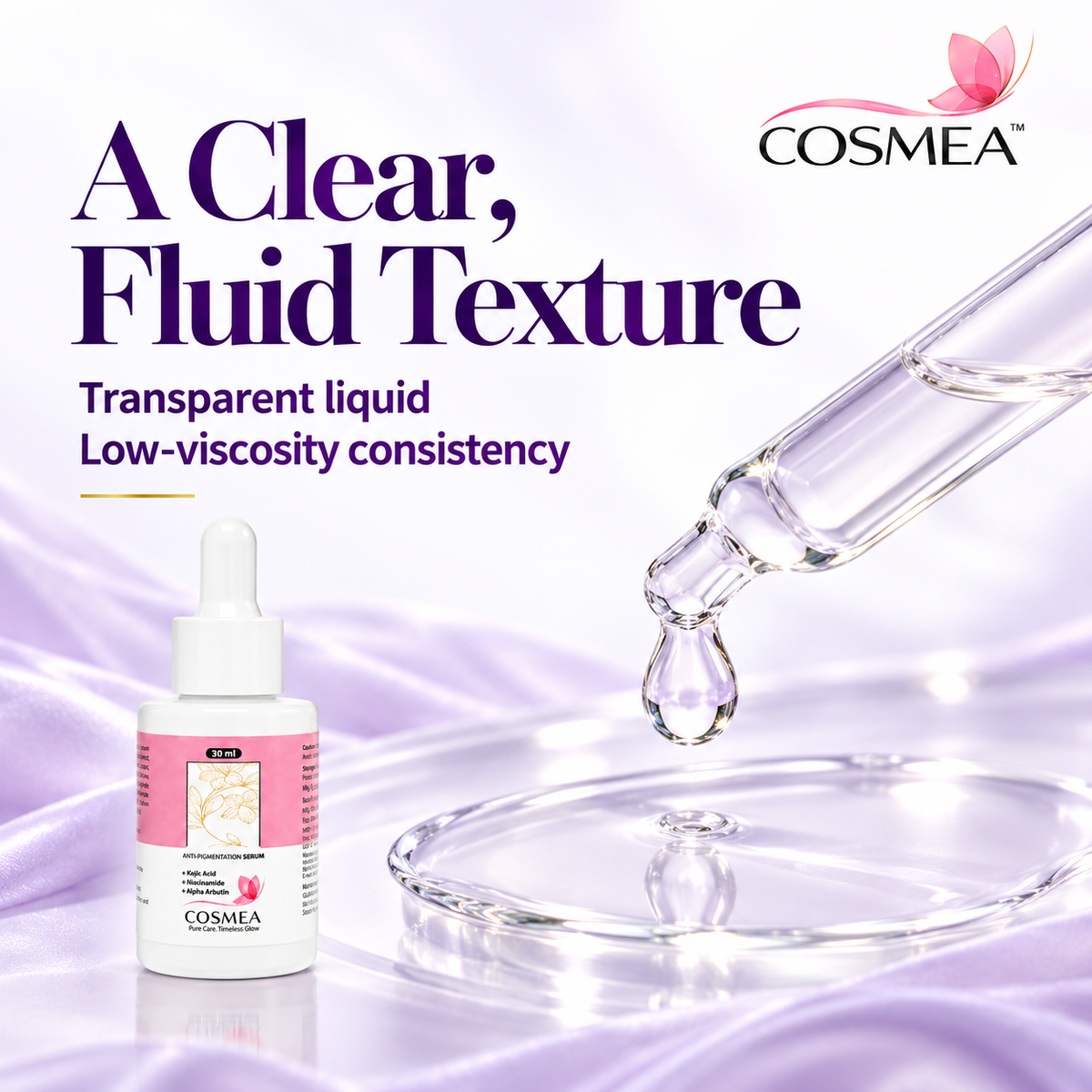 COSMEA anti-pigmentation serum and a dropper showing its clear fluid texture